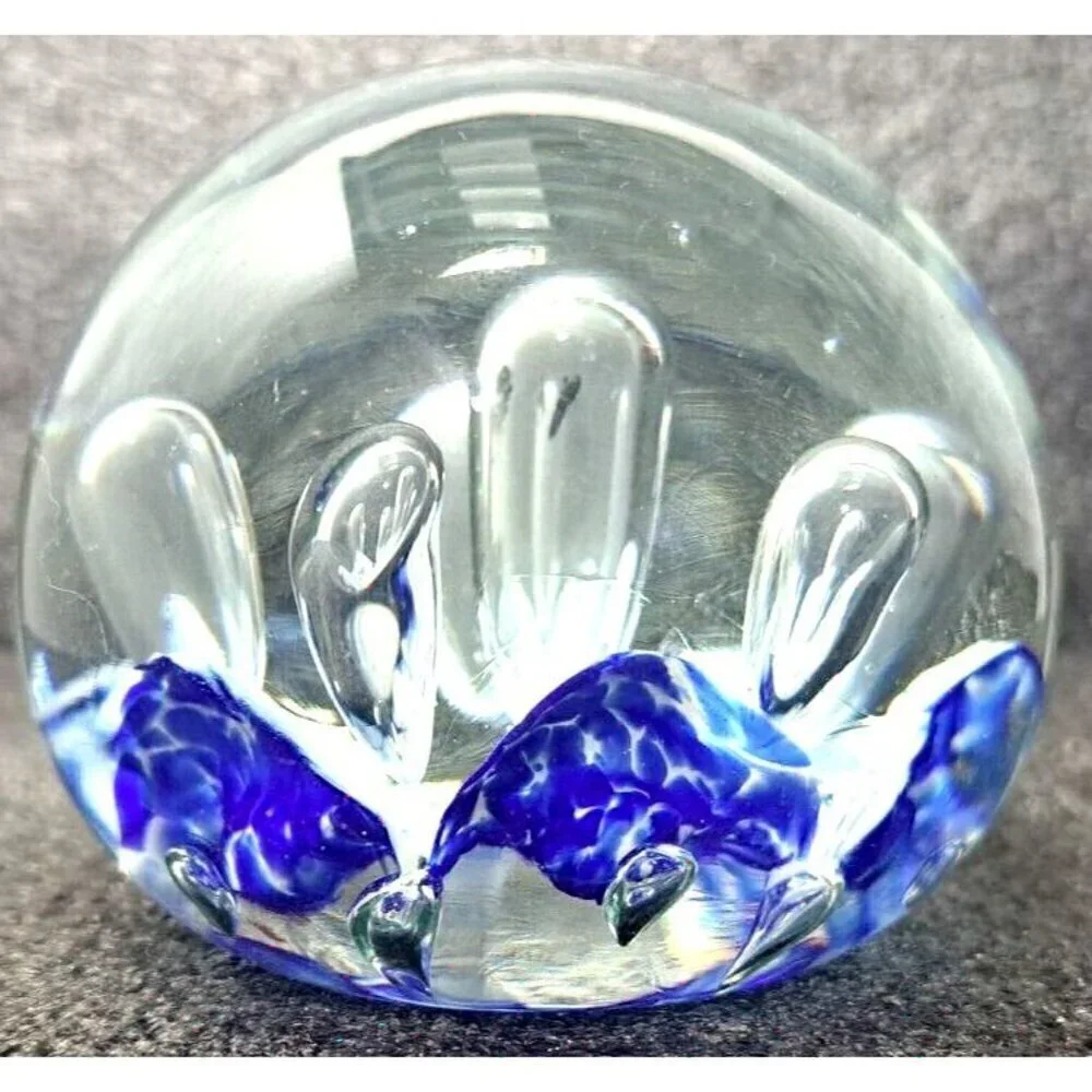 Unbranded Glass Paperweight White Blue Clear Controlled Bubbles Polished Bottom